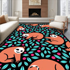 Whimsical Sloth Teal Leaf Pink Dot Rug