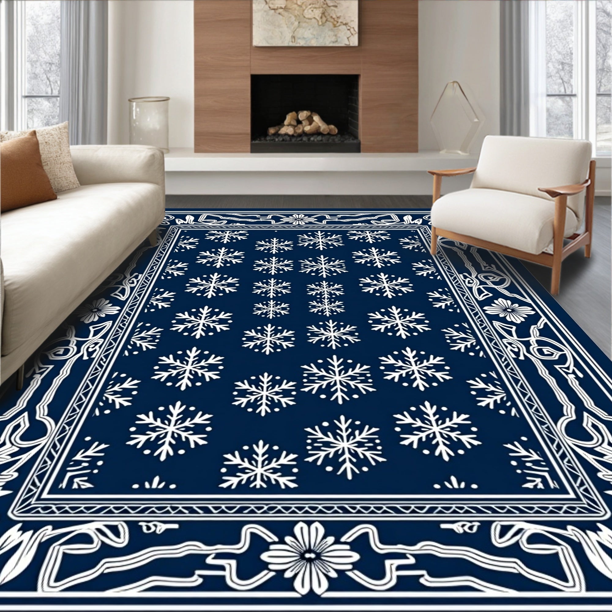 Classic Navy Snowflake Floral Border Rug