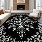 Ornate White Floral Mandala Black Rug