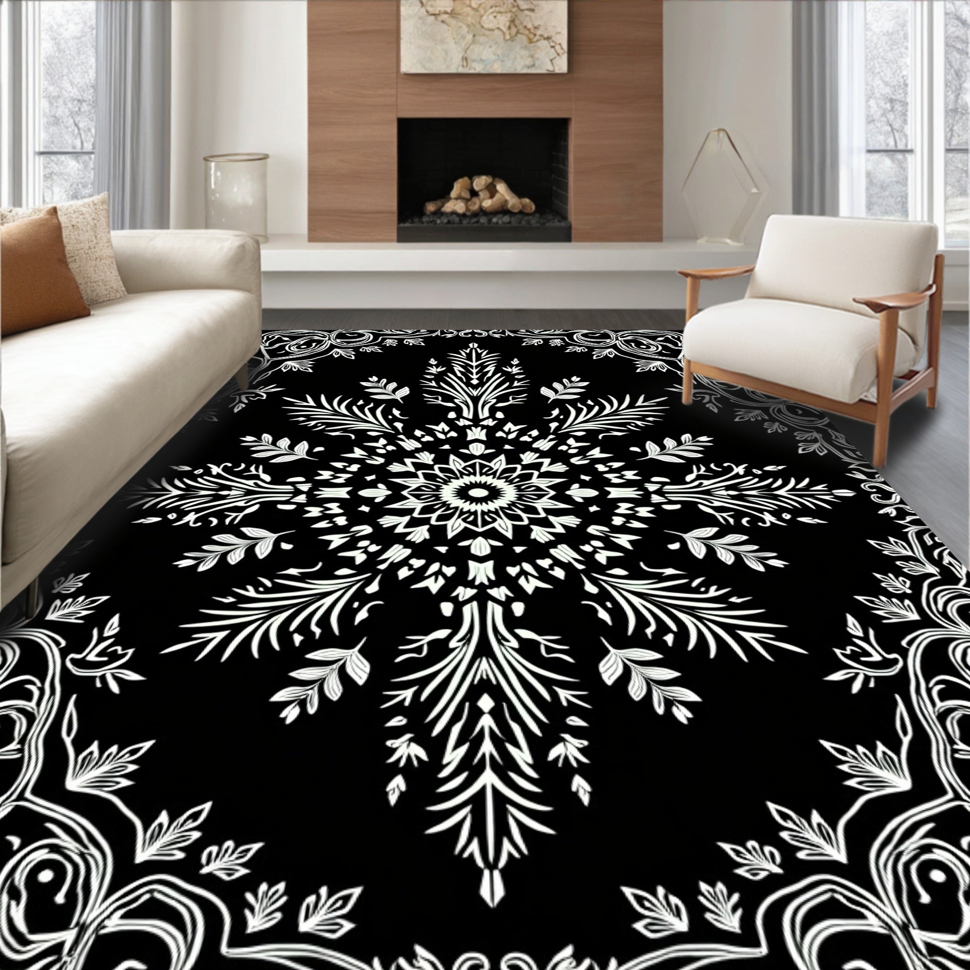 Ornate White Floral Mandala Black Rug