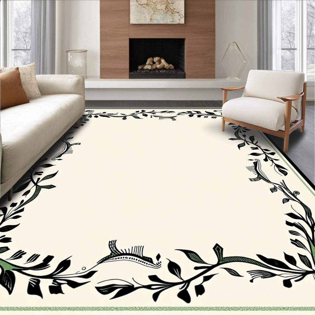 Black Green Leaf Vine Border Rug