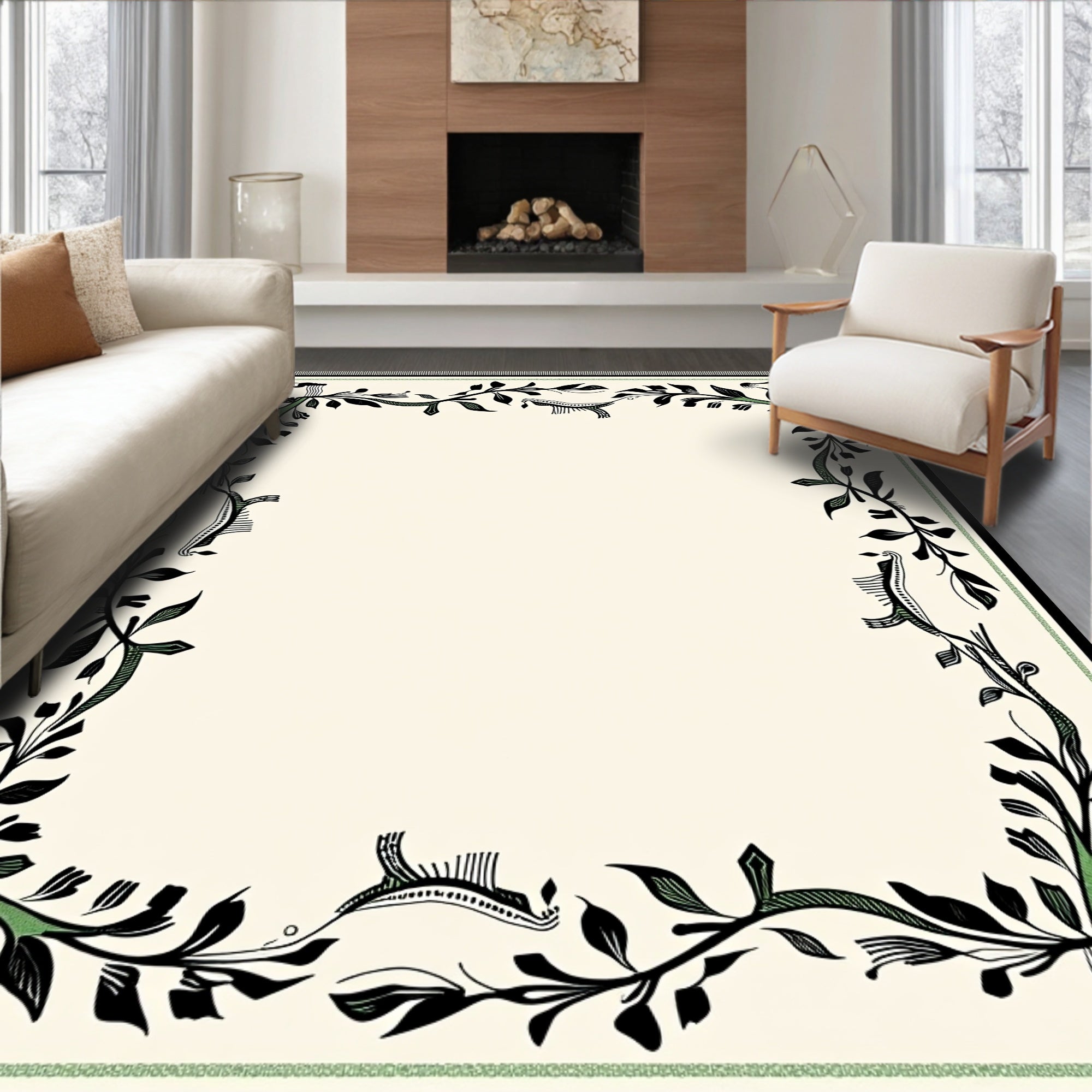 Black Green Leaf Vine Border Rug