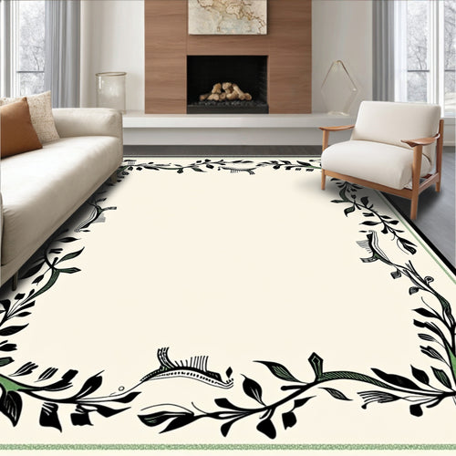 Black Green Leaf Vine Border Rug