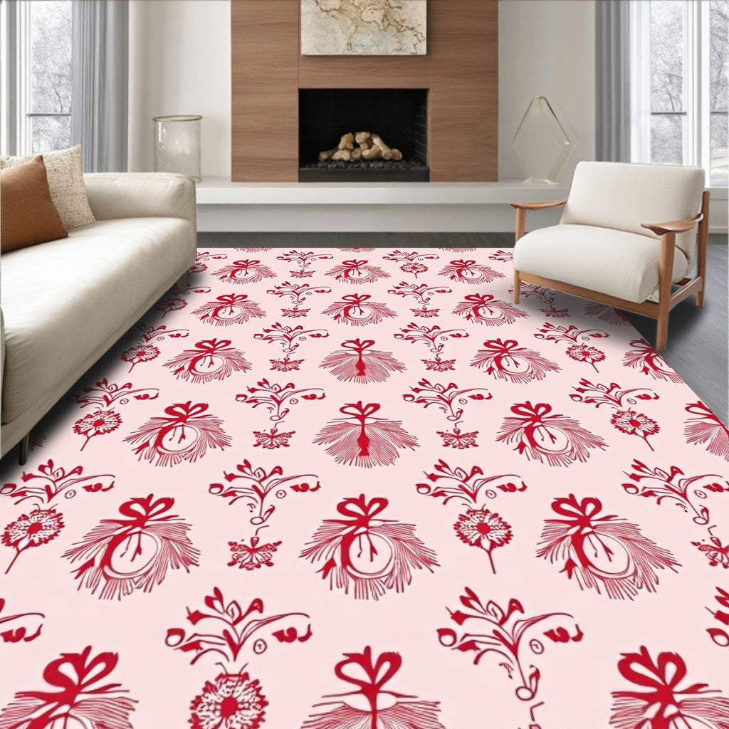 Crimson Red Floral Butterfly Swirl Rug