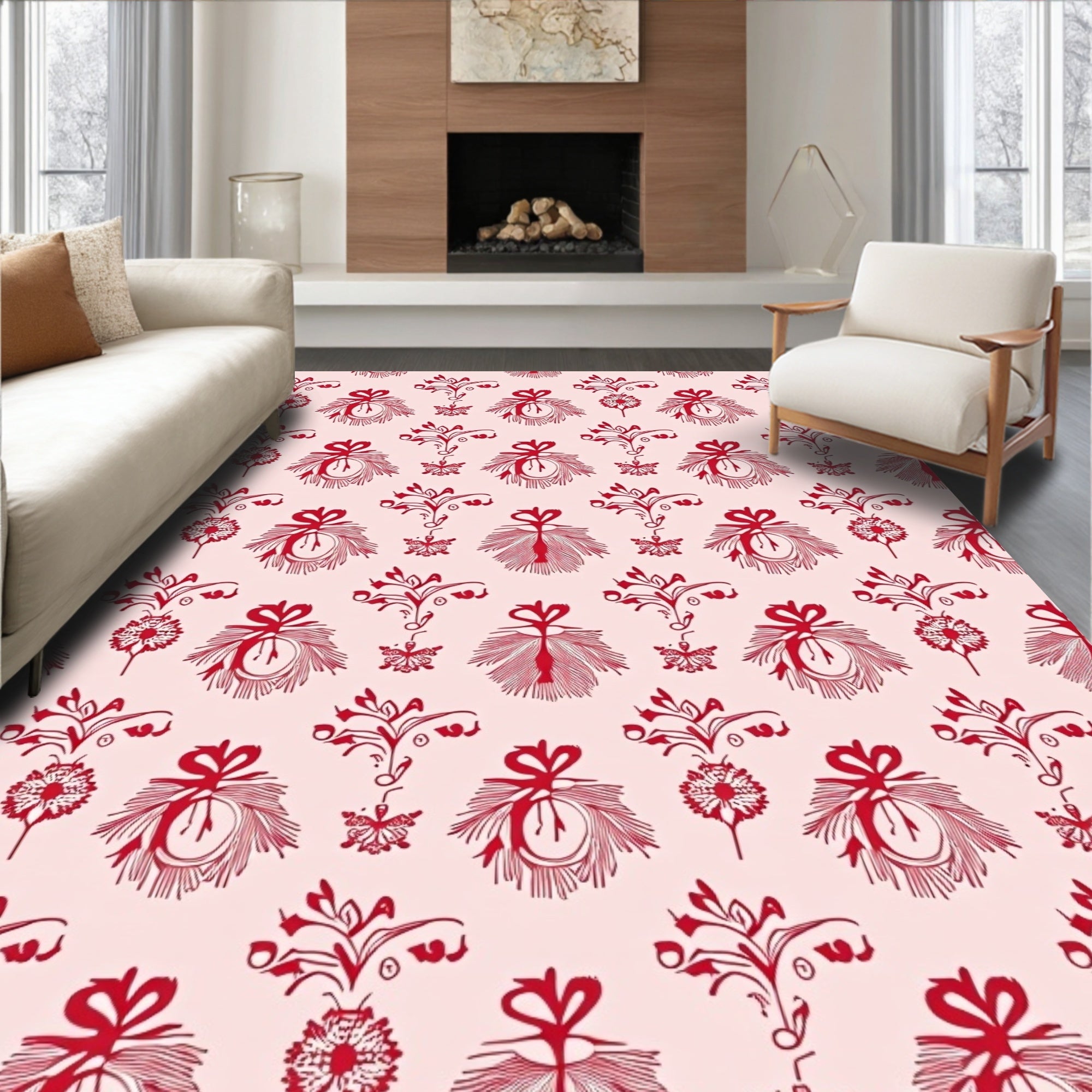 Crimson Red Floral Butterfly Swirl Rug