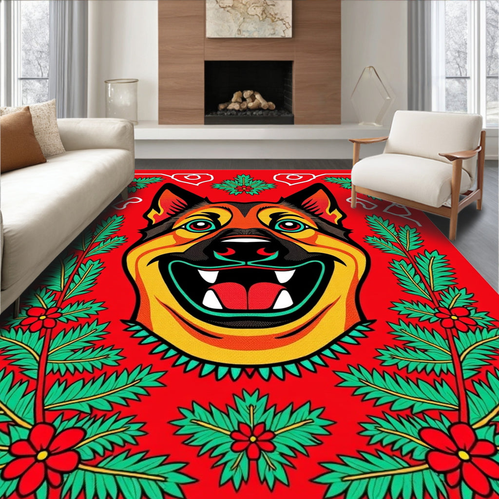 Bold Red German Shepherd Floral Rug