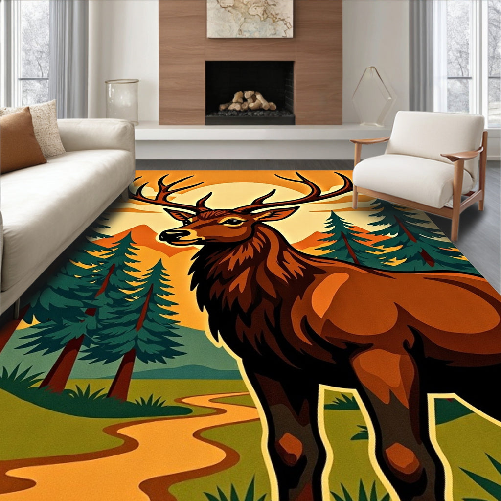 Majestic Elk And Pine Forest Sunset Rug