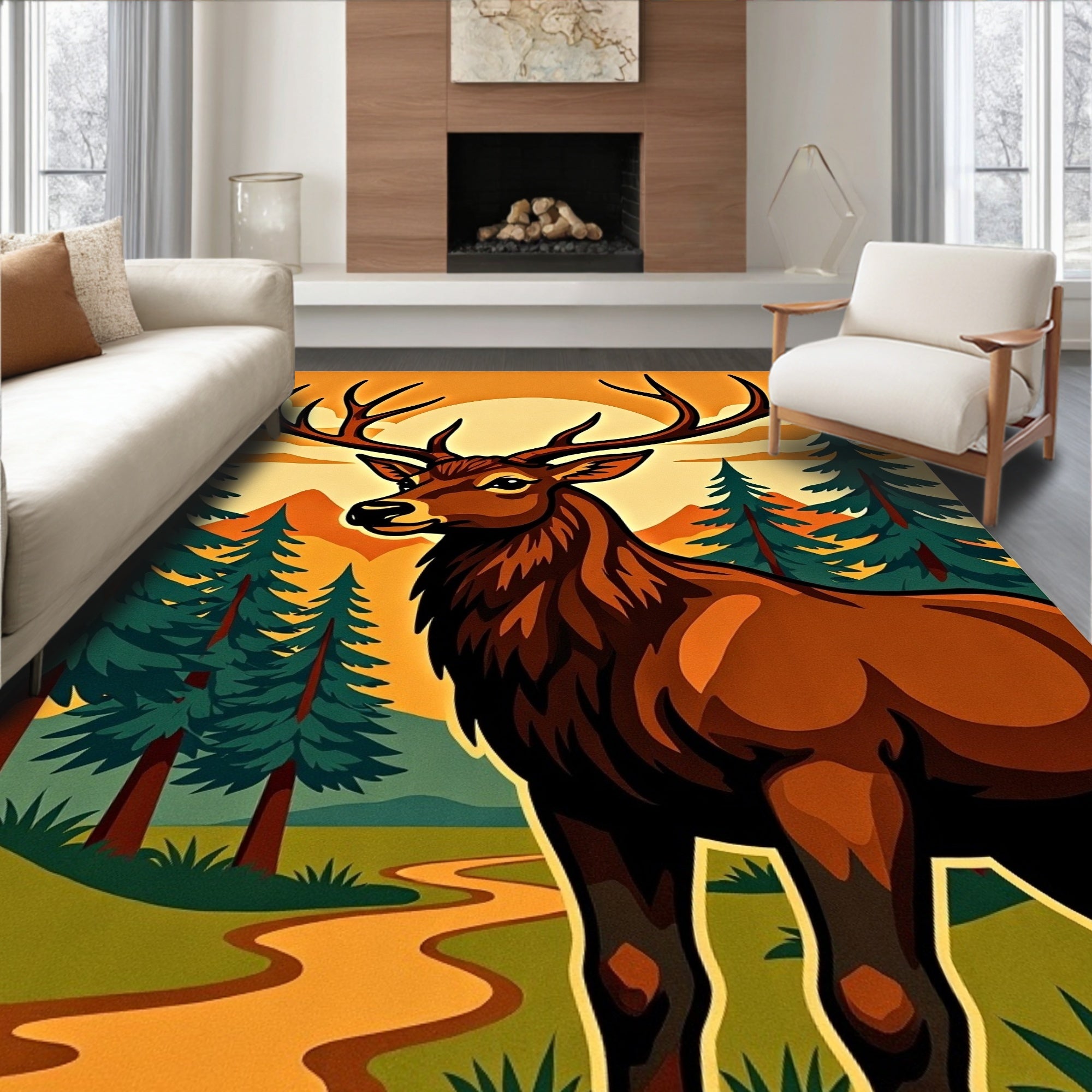 Majestic Elk And Pine Forest Sunset Rug