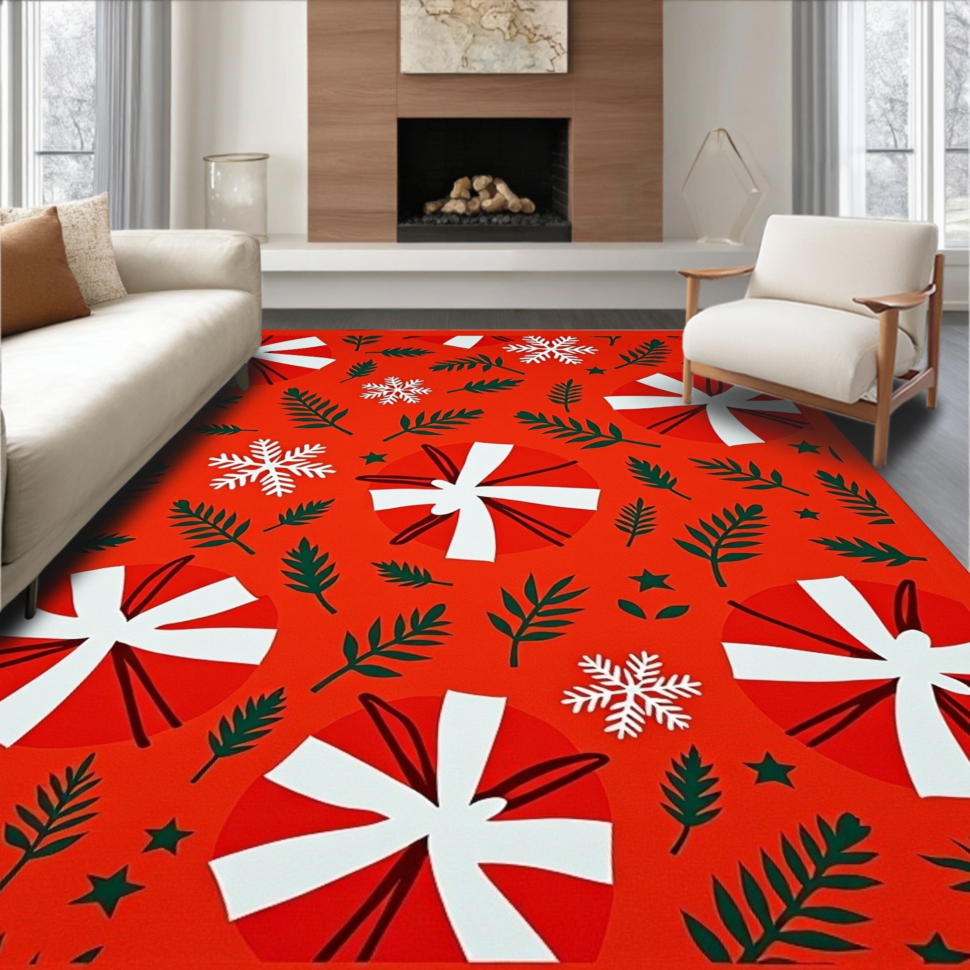 Red White Snowflakes and Greens Rug