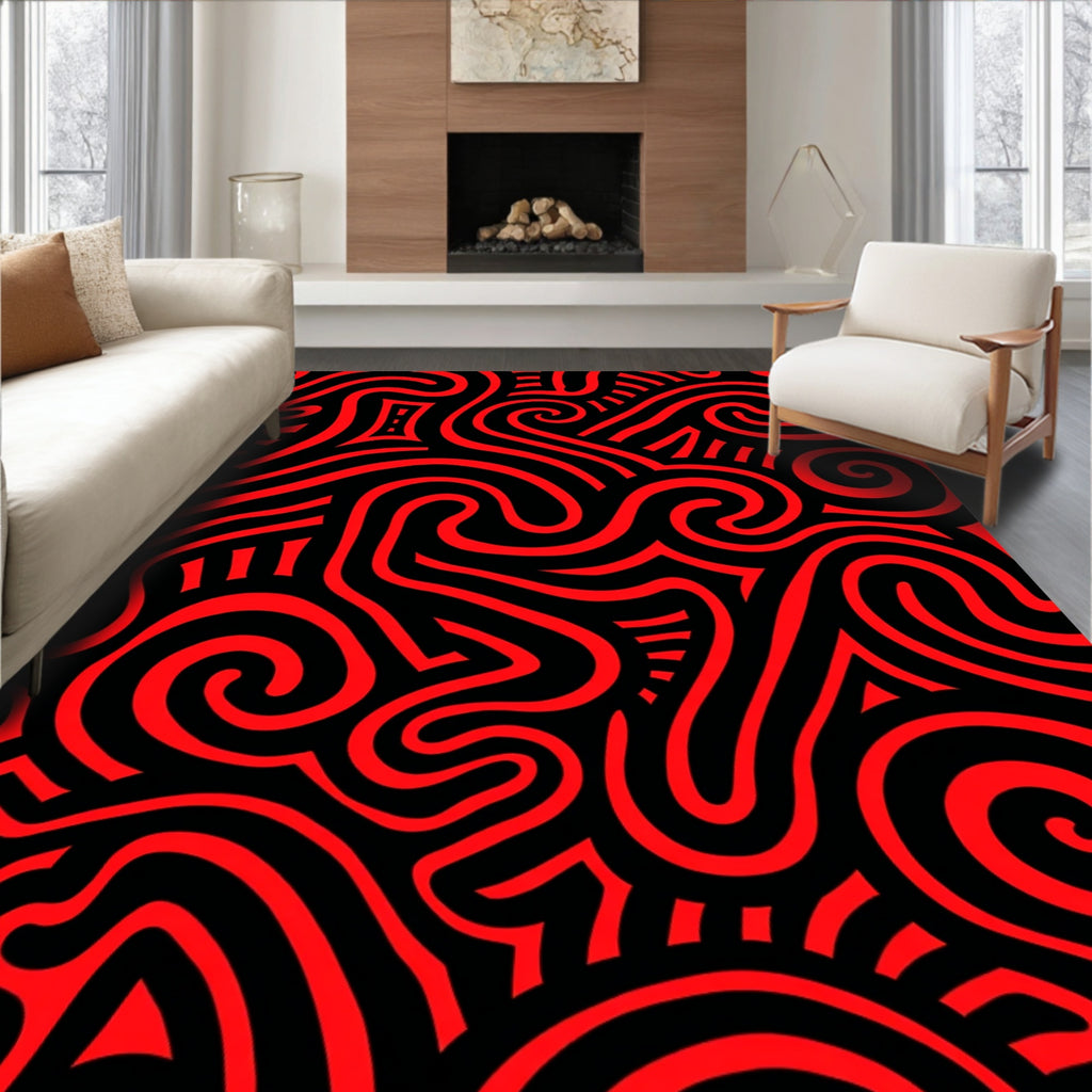 Bold Red Abstract Swirl Maze Rug