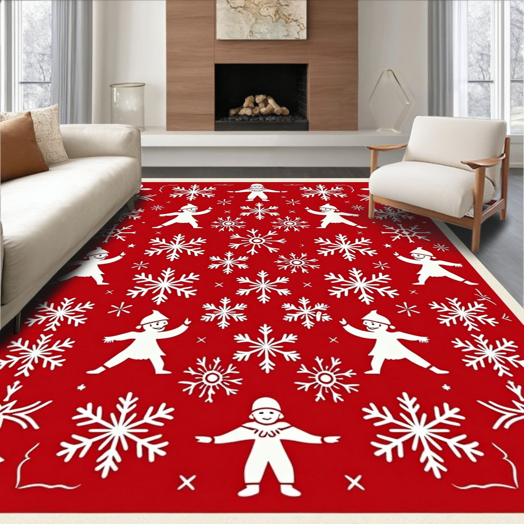Red Snowflakes And Playful People Rug