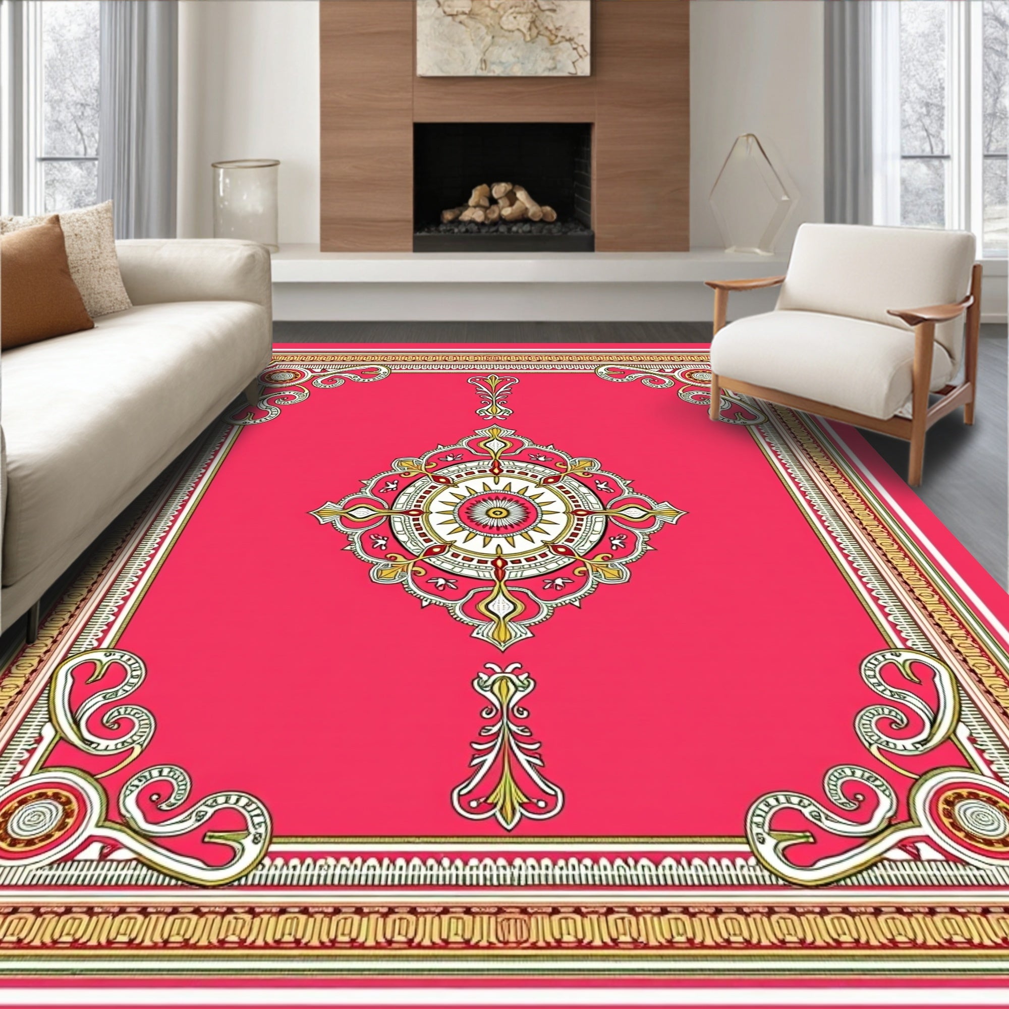 Vibrant Red Rococo Medallion Rug