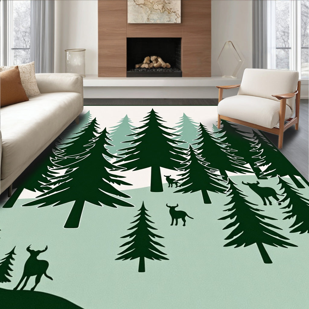 Forest Evergreen Trees Deer Bison Rug