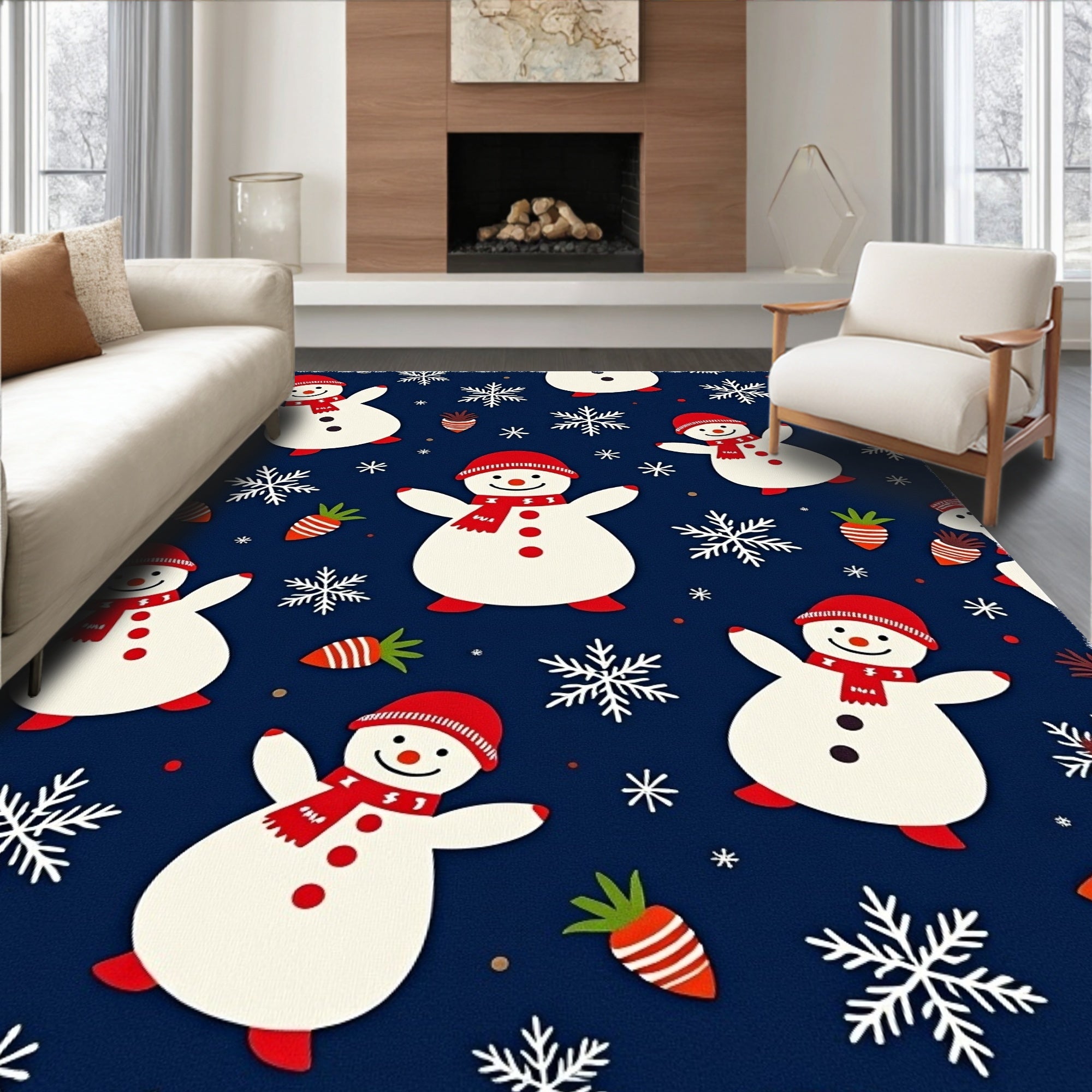 Festive Snowman Red Scarf Snowflakes Rug