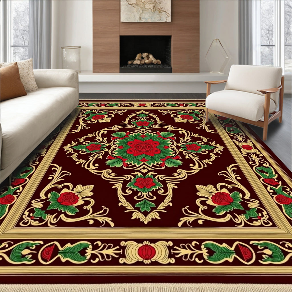 Deep Red Floral Medallion Golden Vine Rug