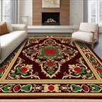 Deep Red Floral Medallion Golden Vine Rug