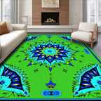 Vibrant Blue Starburst Mandala Green Rug