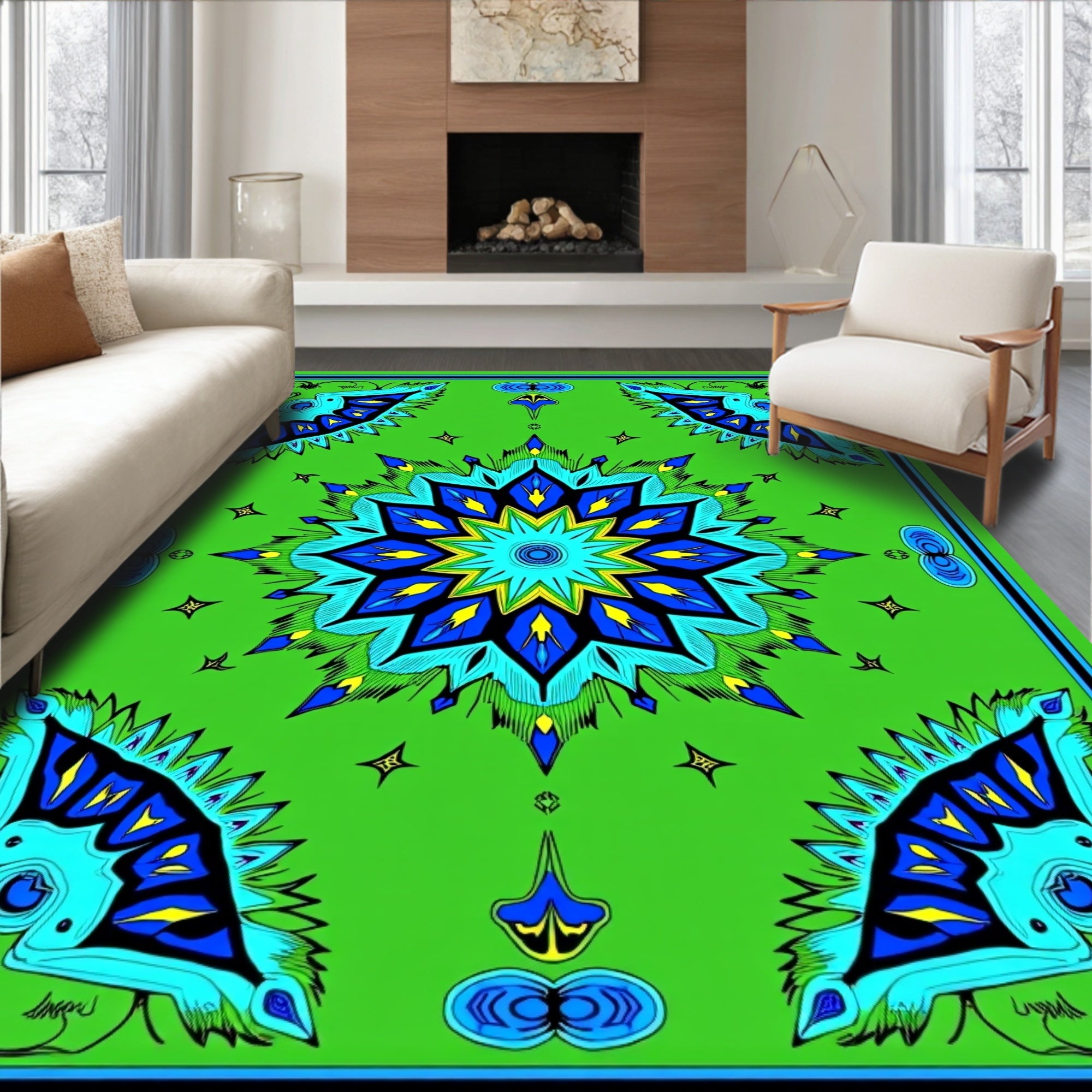 Vibrant Blue Starburst Mandala Green Rug
