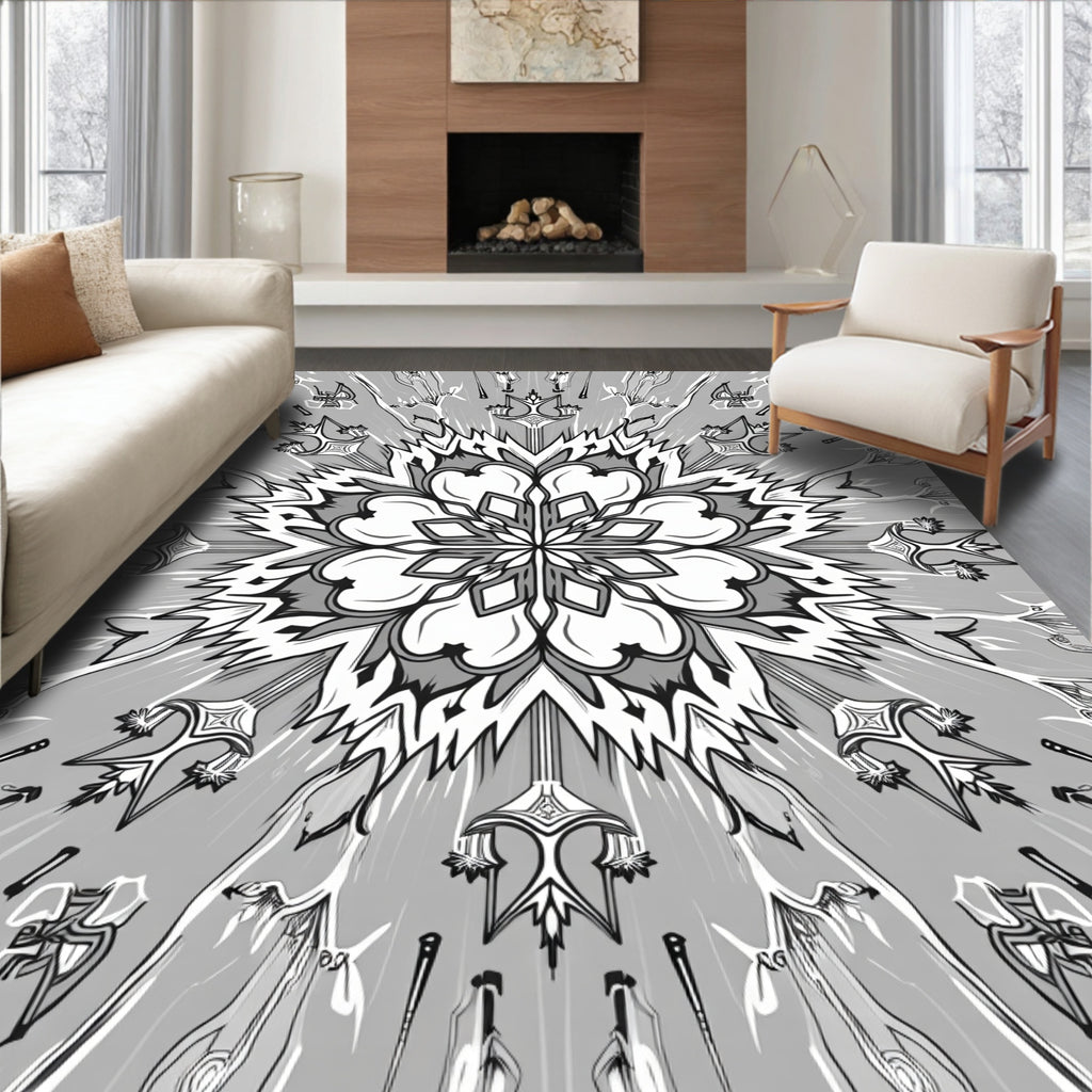 Monochromatic Geometric Flower Sunburst Rug