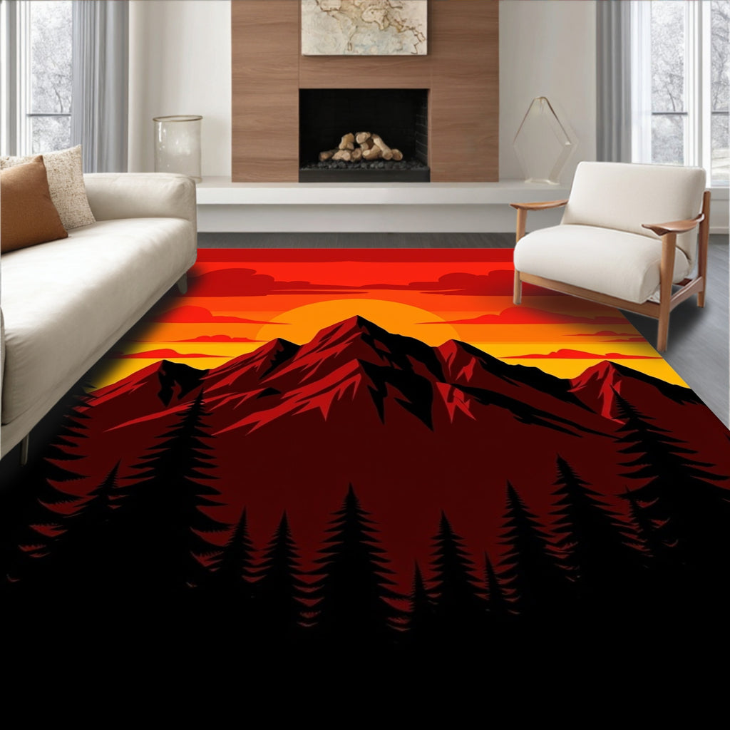 Crimson Sunset Mountain Forest Landscape Rug