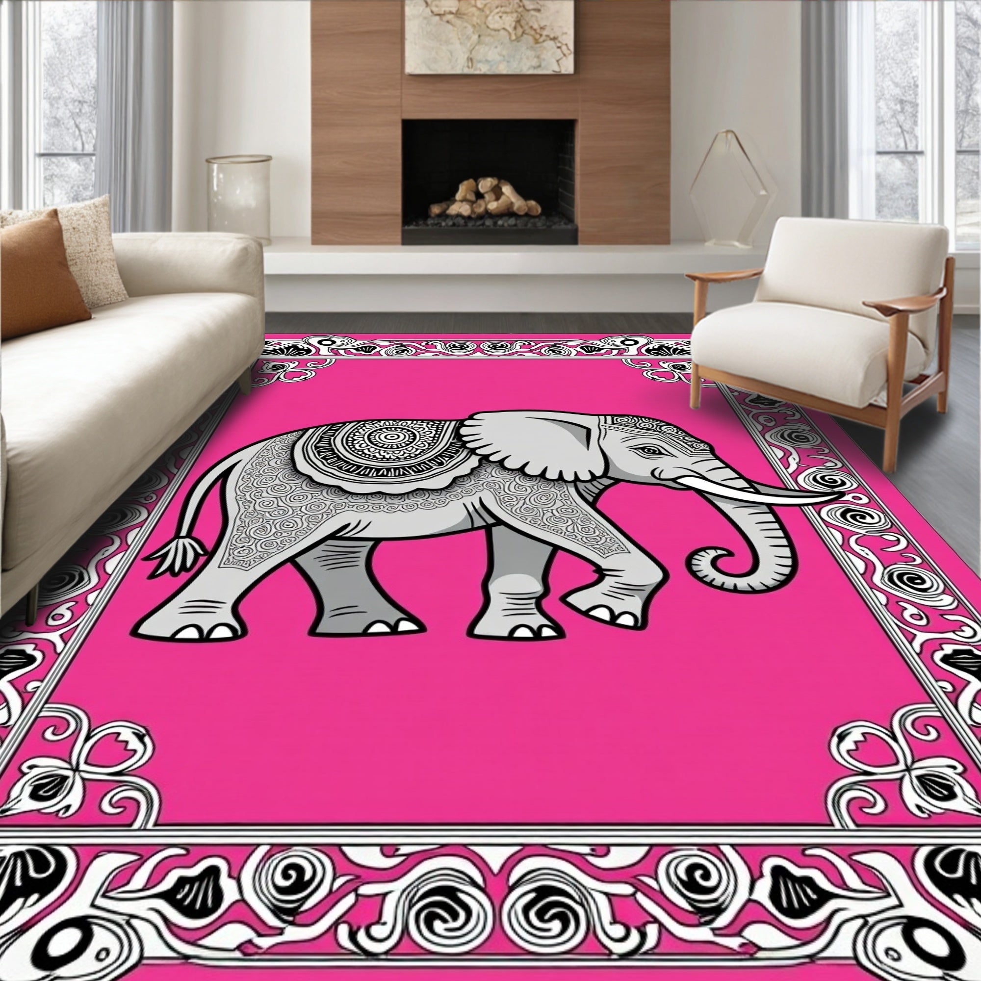 Ornate Pink Elephant Mandala Tribal Rug