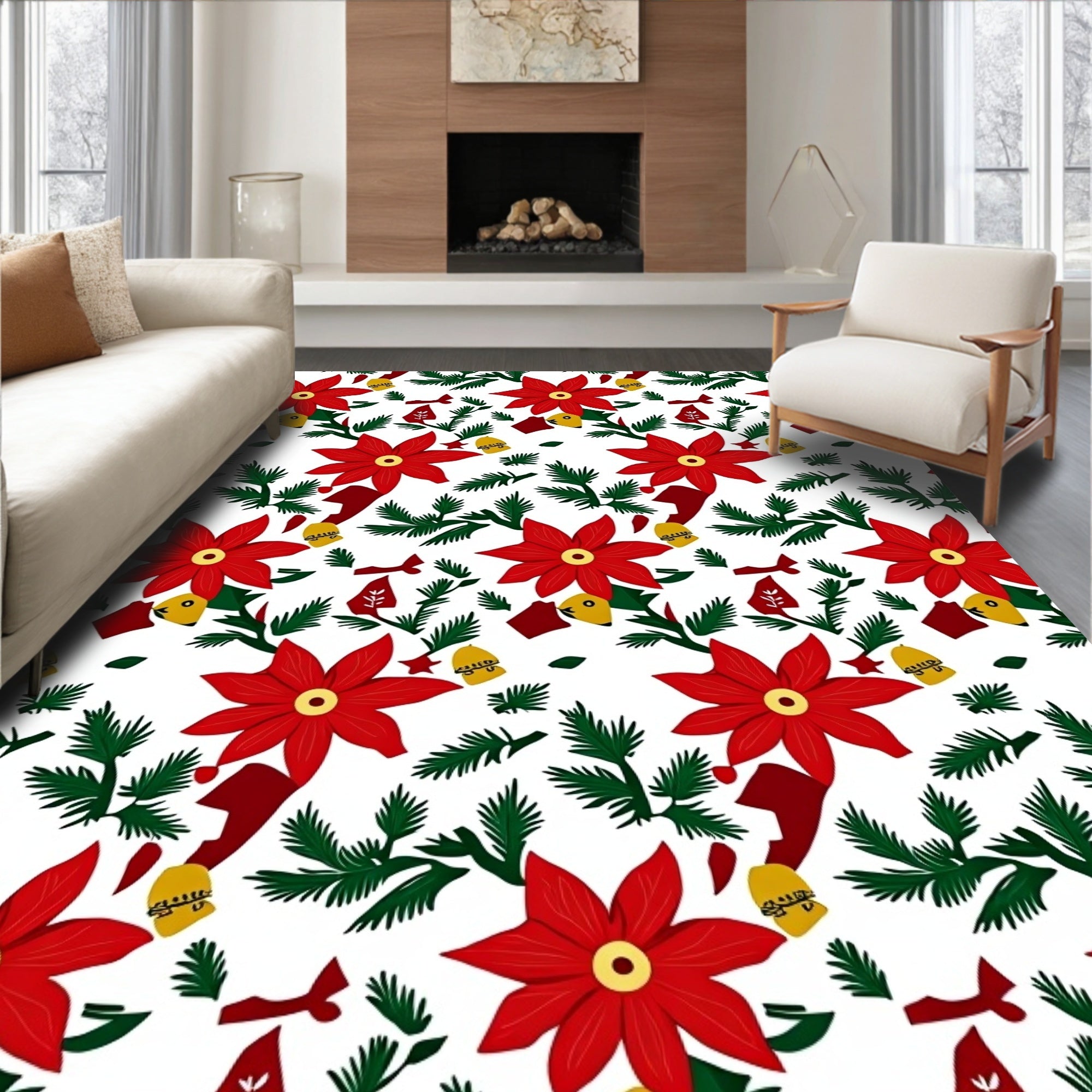 Red Poinsettia Evergreen Bell Garland Rug