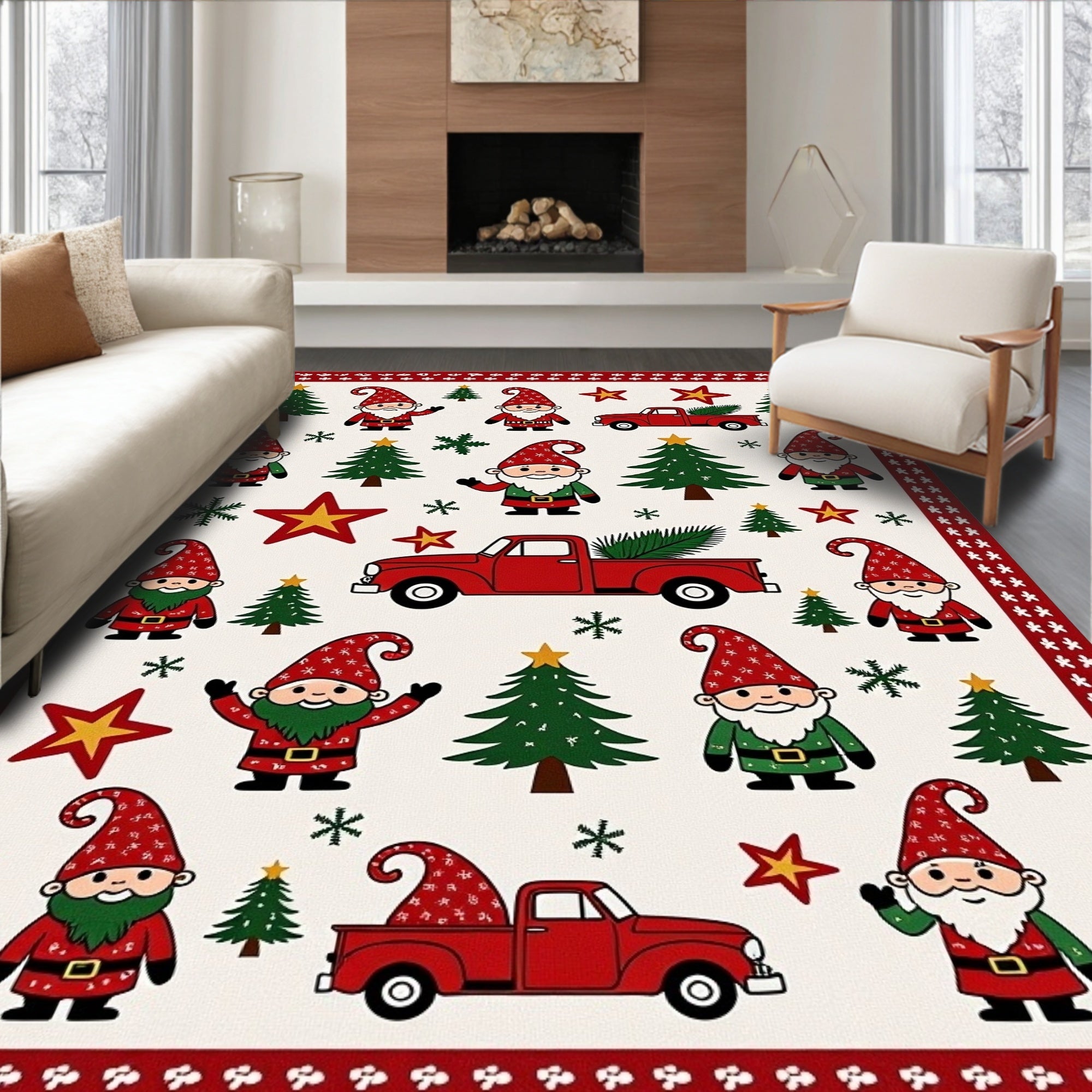 Festive Gnomes Red Truck Christmas Trees Rug