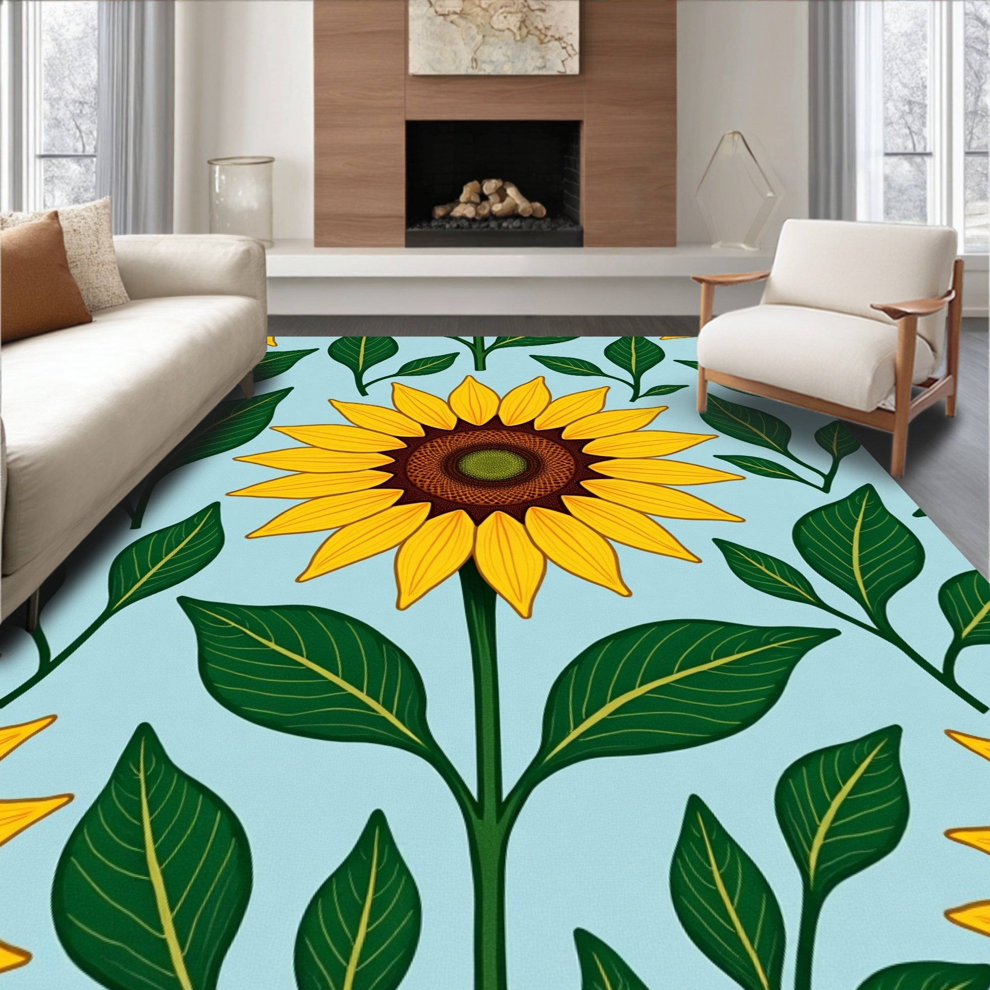 Yellow Sunflower Foliage Pattern Rug
