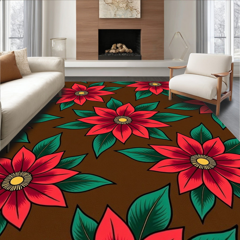 Crimson Flowers With Green Leaves Rug