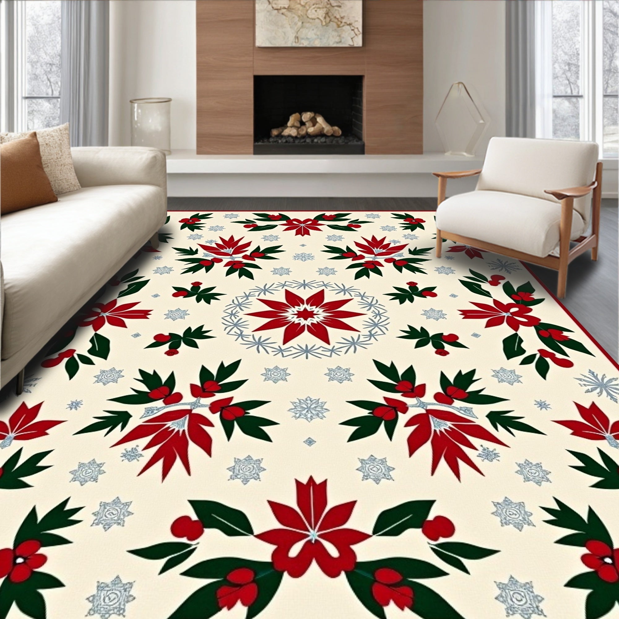 Cream Red Green Holly Snowflake Collage Rug