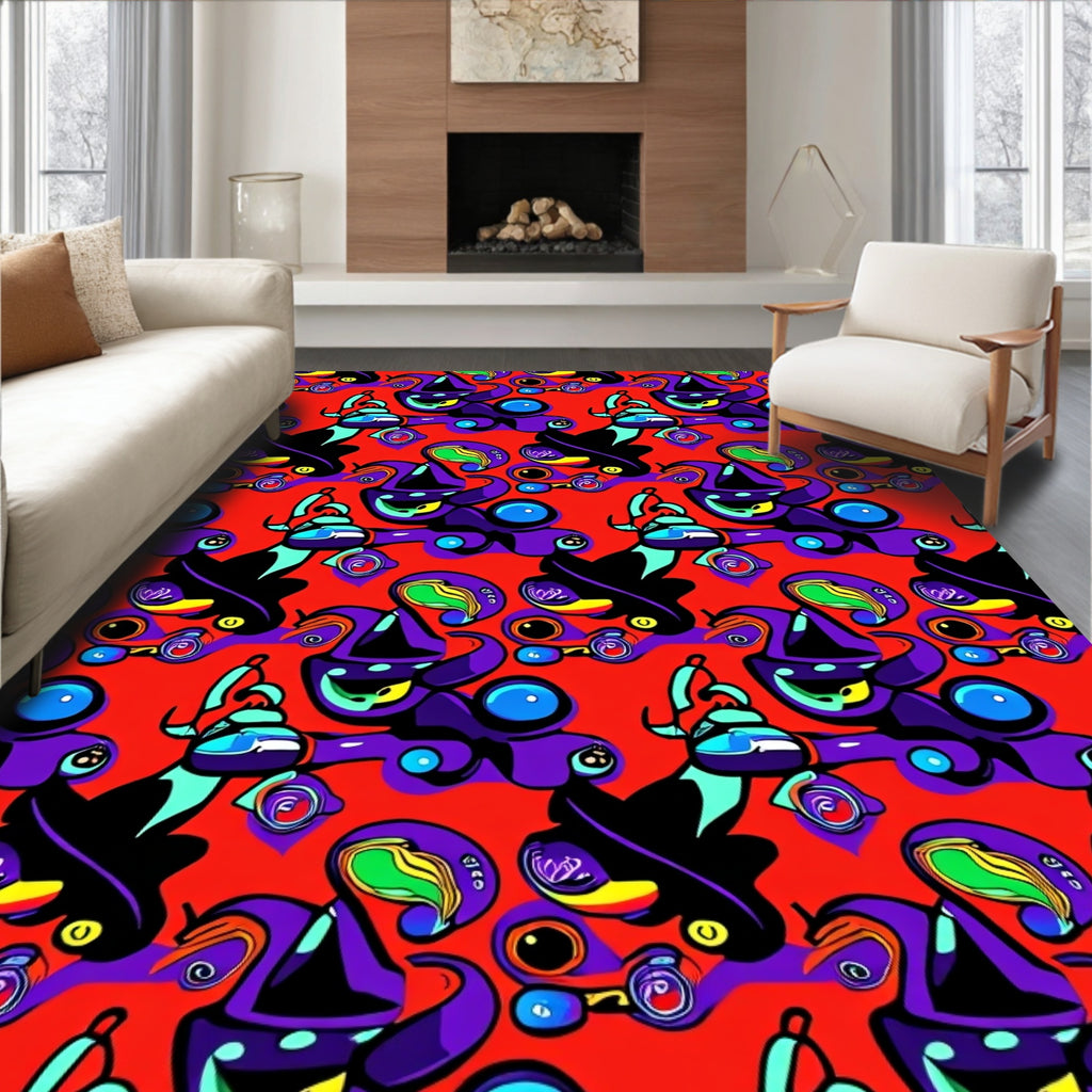Vibrant Red Whimsical Character Medley Rug