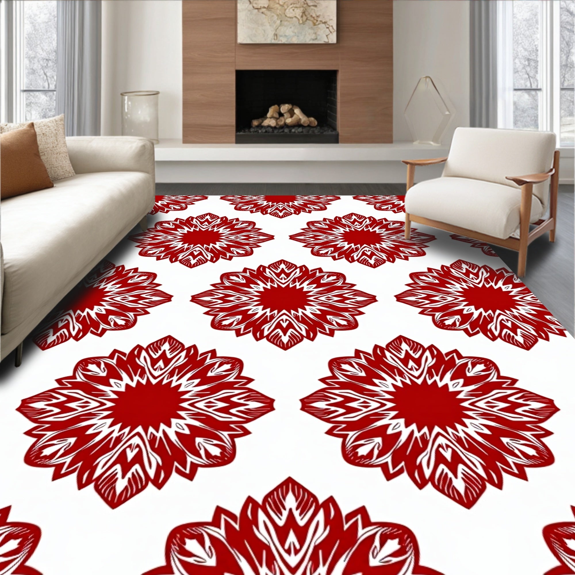 Crimson Fiery Floral Starburst Rug