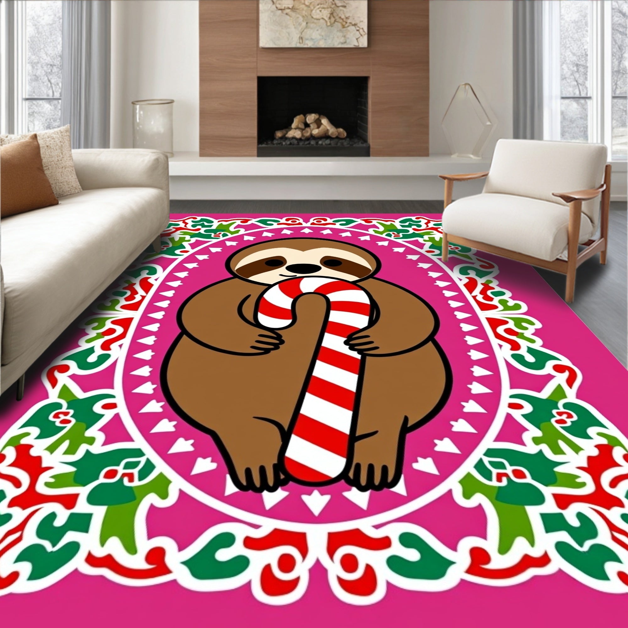 Whimsical Sloth Candy Cane Festive Frame Rug