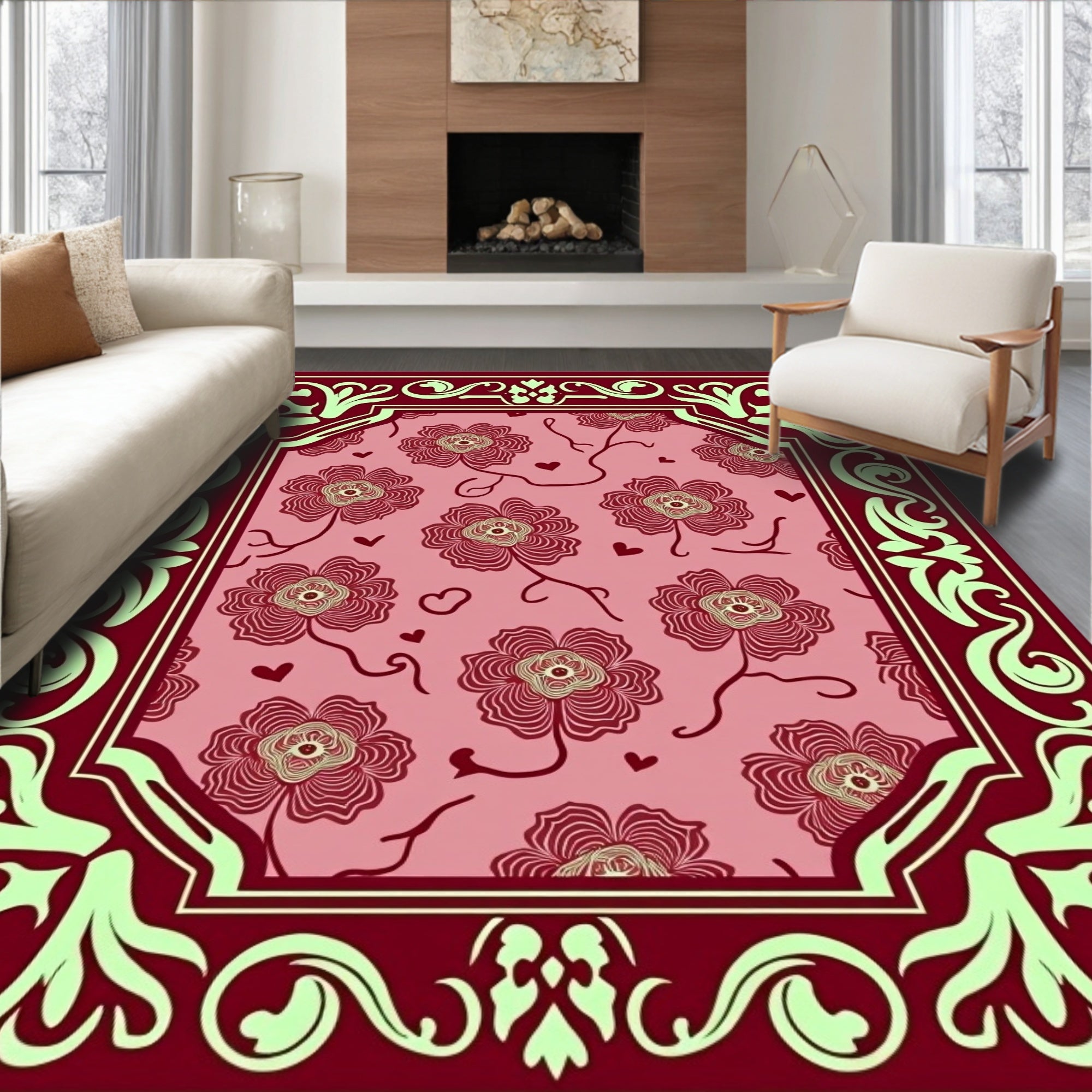 Crimson Floral Hearts Border Rug