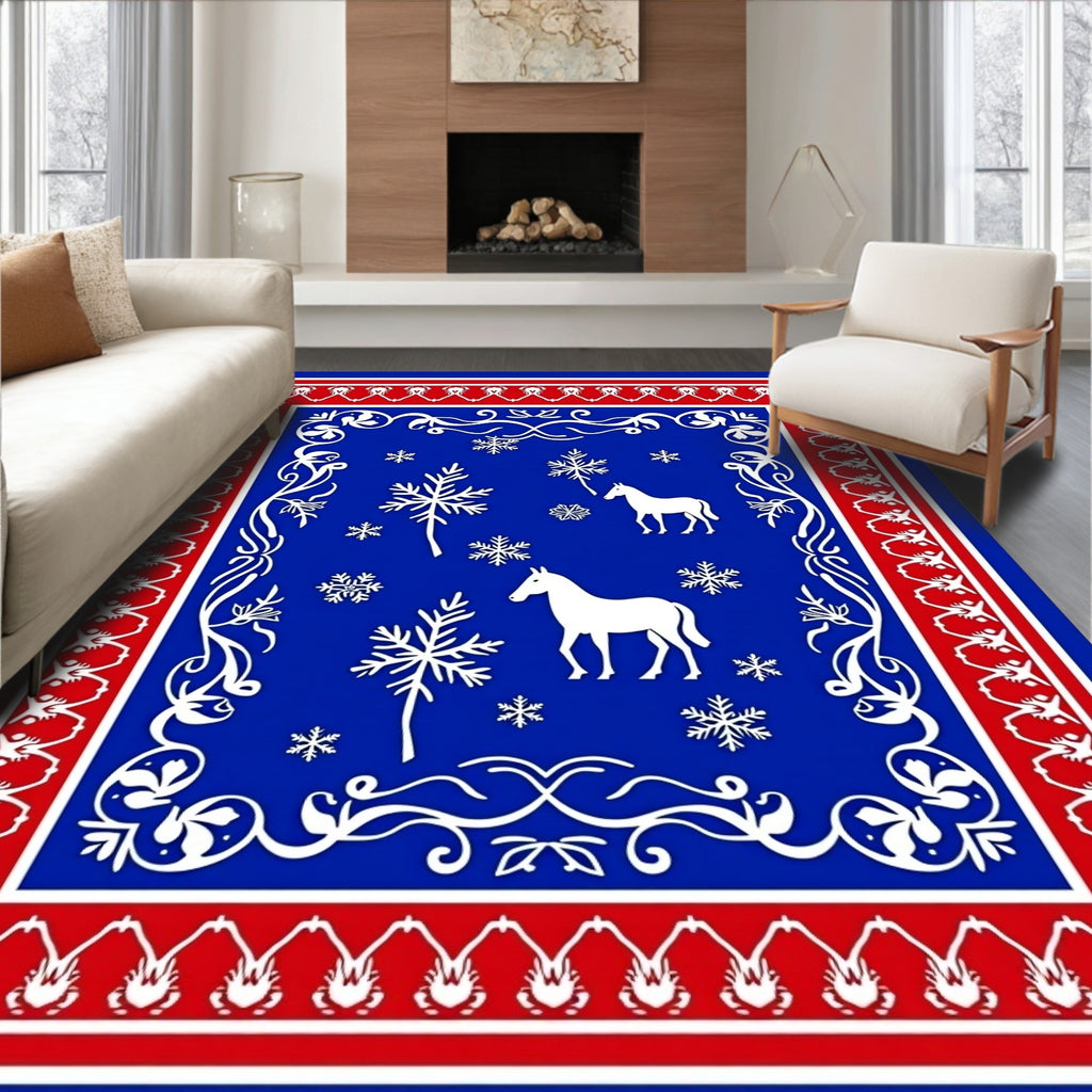 Red White Blue Horse Snowflakes Medallion Rug