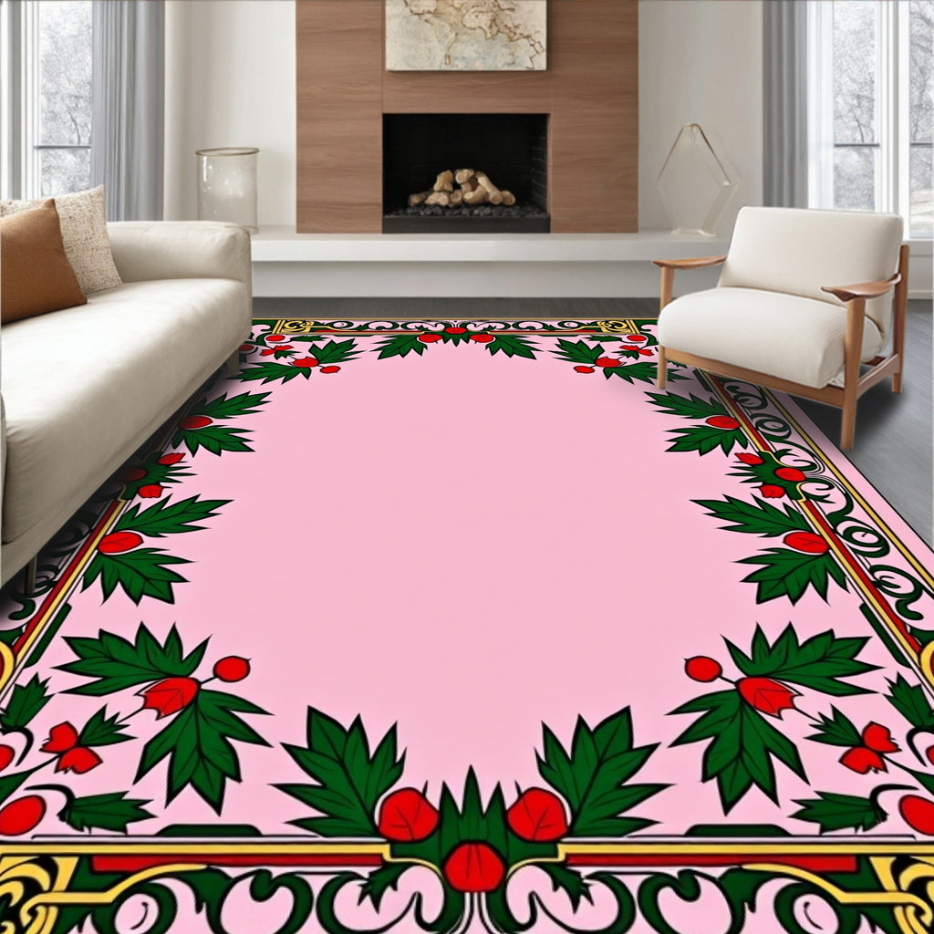 Crimson Red Holly Wreath Border Rug