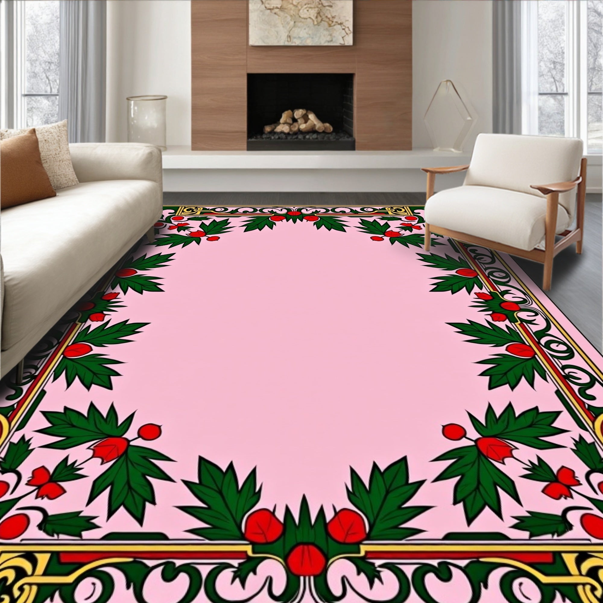 Crimson Red Holly Wreath Border Rug