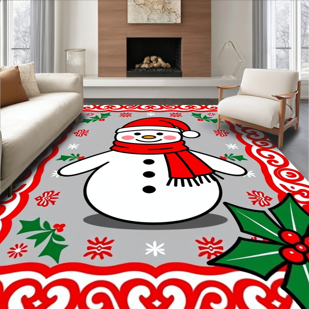 Christmas Snowman Holly Snowflake Border Rug