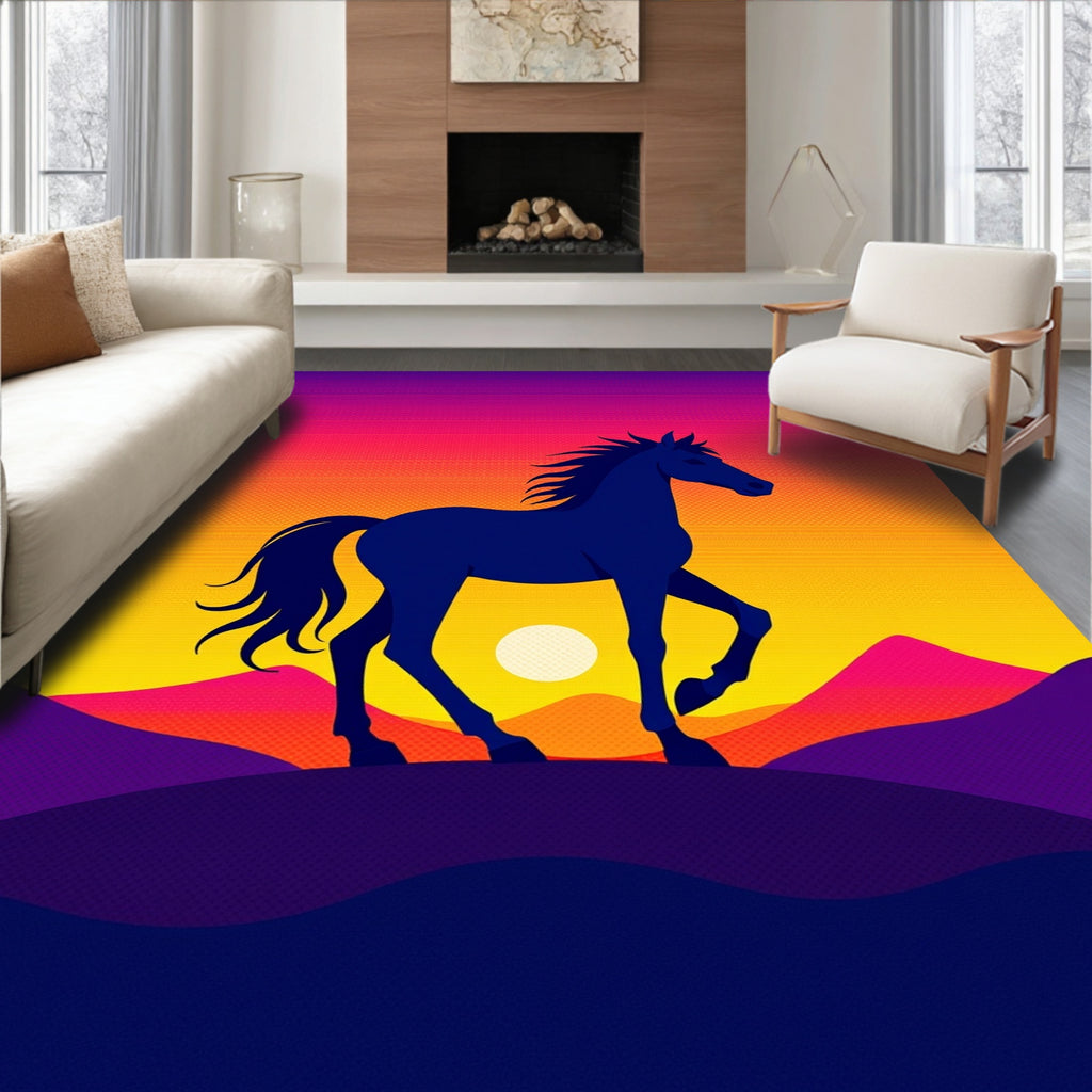 Bold Navy Horse Sunset Landscape Rug