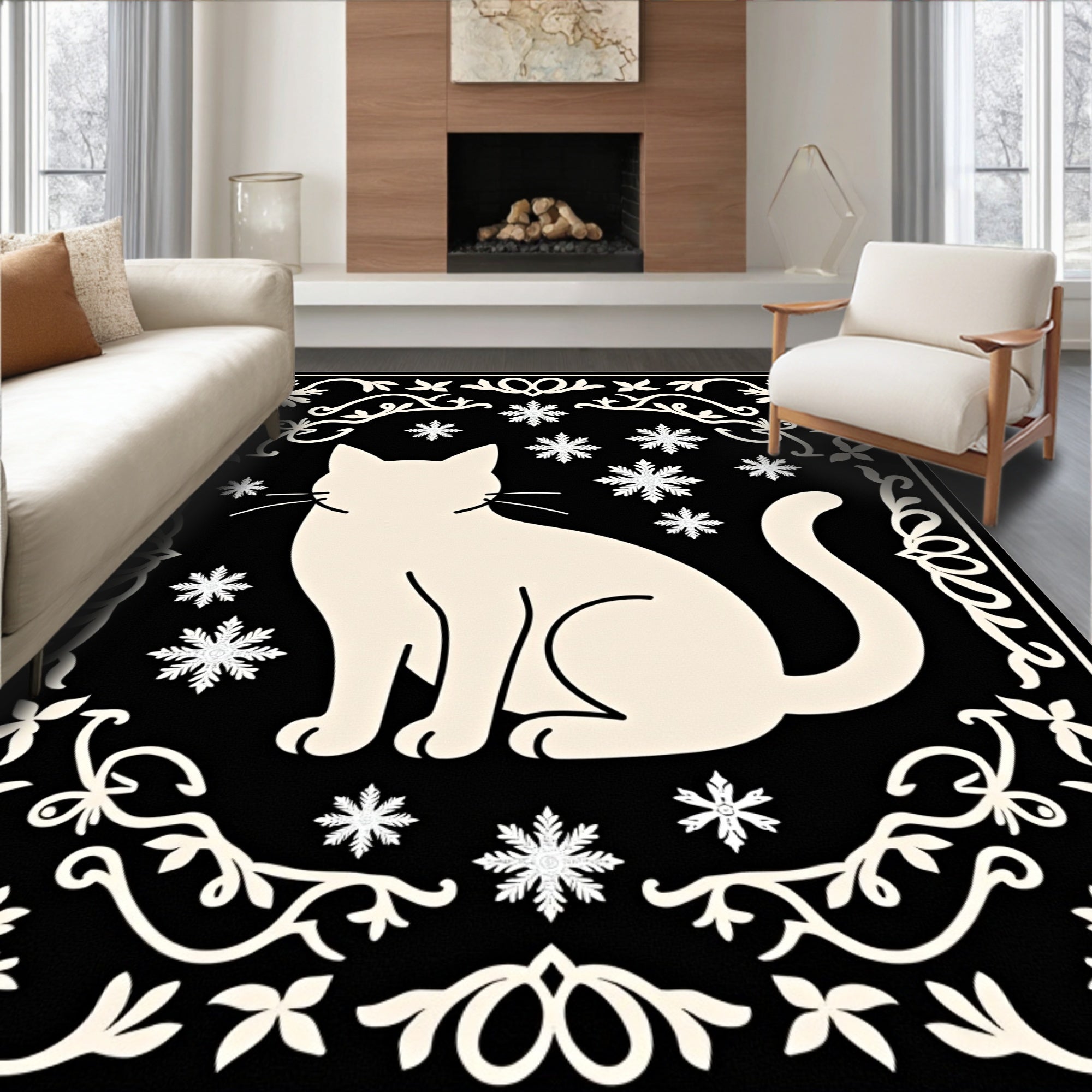 Cream cat snow flake accent frame Rug
