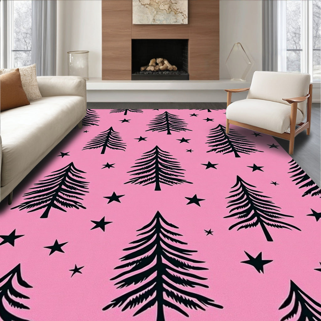 Whimsical Black Pine Stars Pink Rug