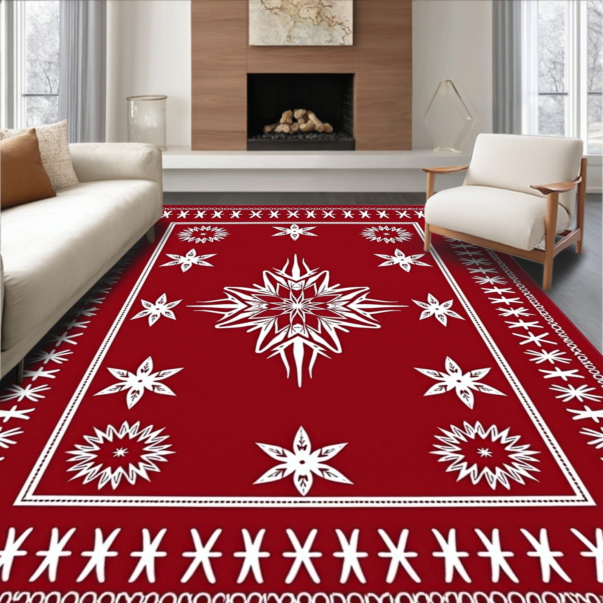 Crimson White Starburst Snowflake Medallion Rug
