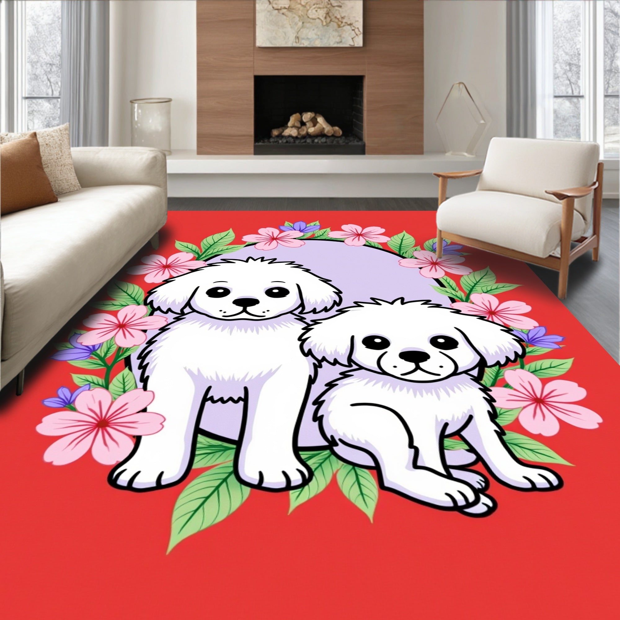 Cute White Pups Floral Garden Oval Rug