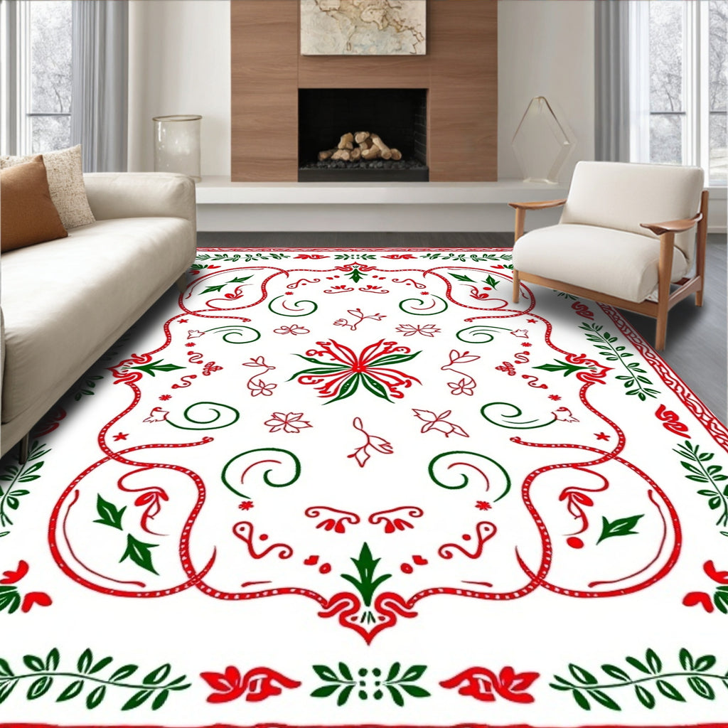 Crimson Green Floral Vines Border Rug