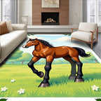 Brown Horse Meadow Landscape Illustration Rug