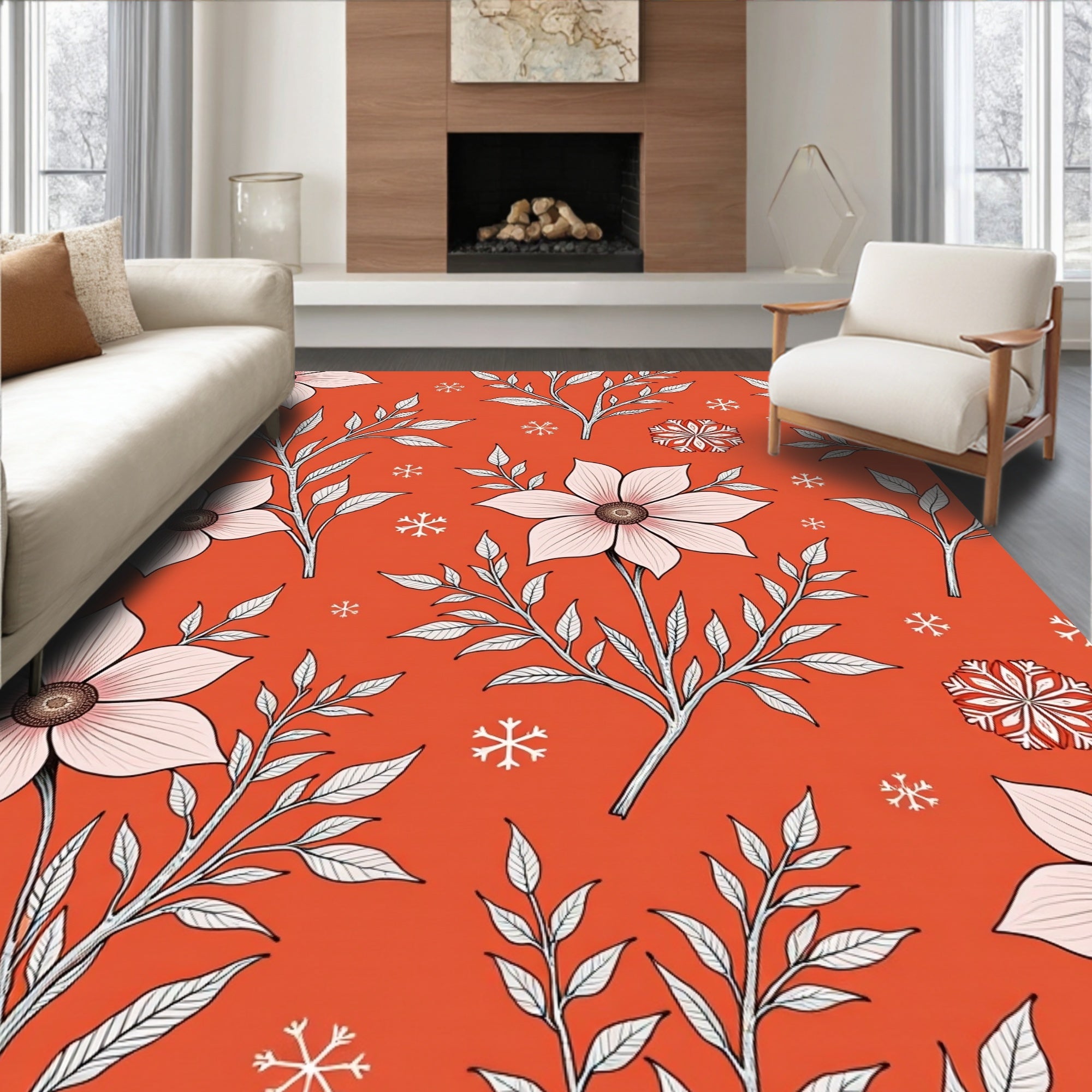 Coral Pink Floral Snow Flake Vines Rug