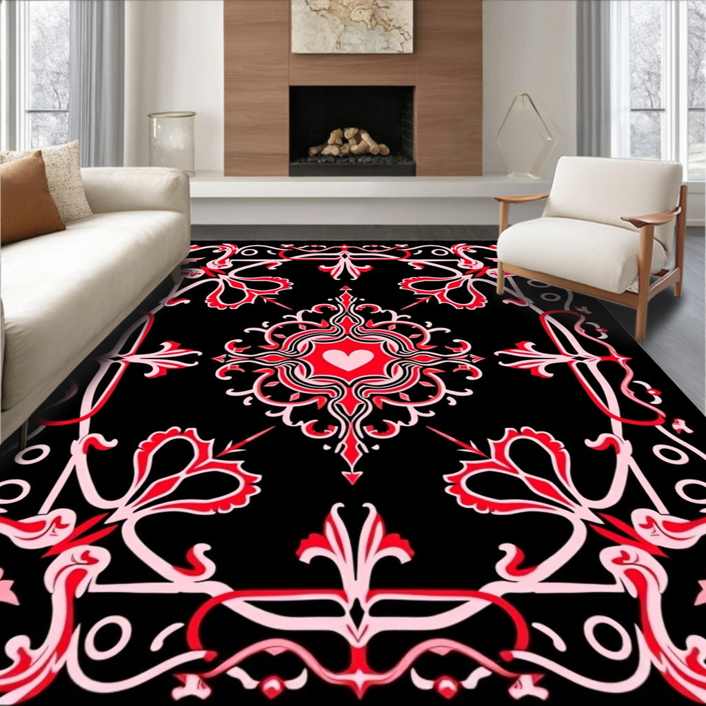 Black Red Heart Victorian Ornament Rug