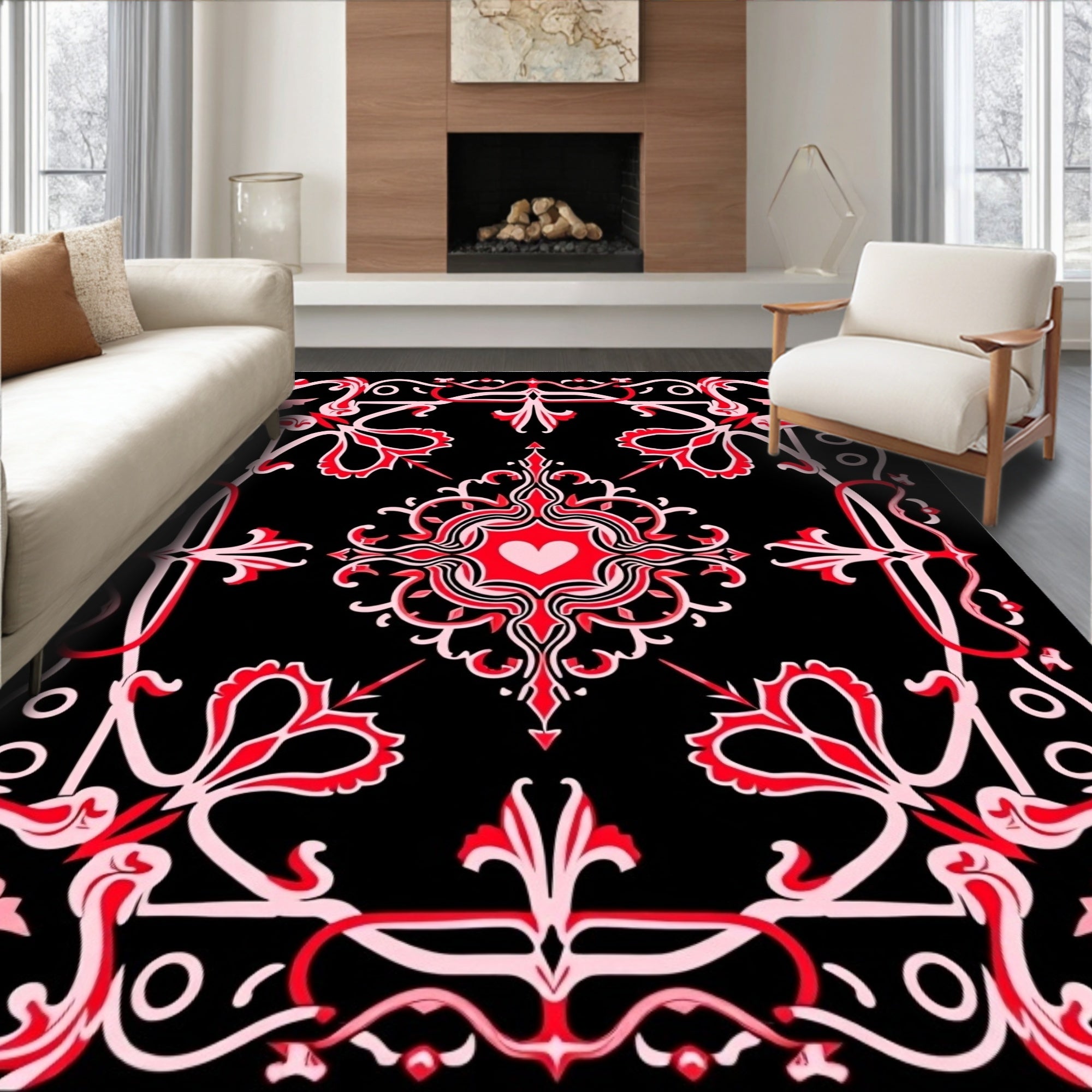 Black Red Heart Victorian Ornament Rug