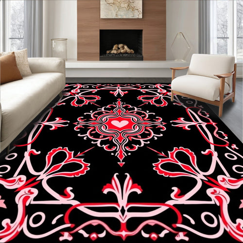 Black Red Heart Victorian Ornament Rug