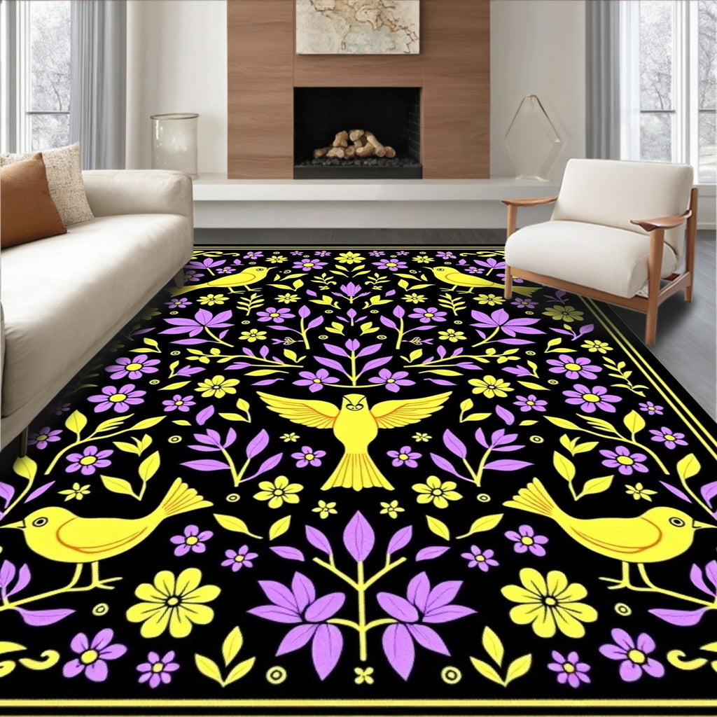 Yellow Birds Purple Flowers Black Background Rug